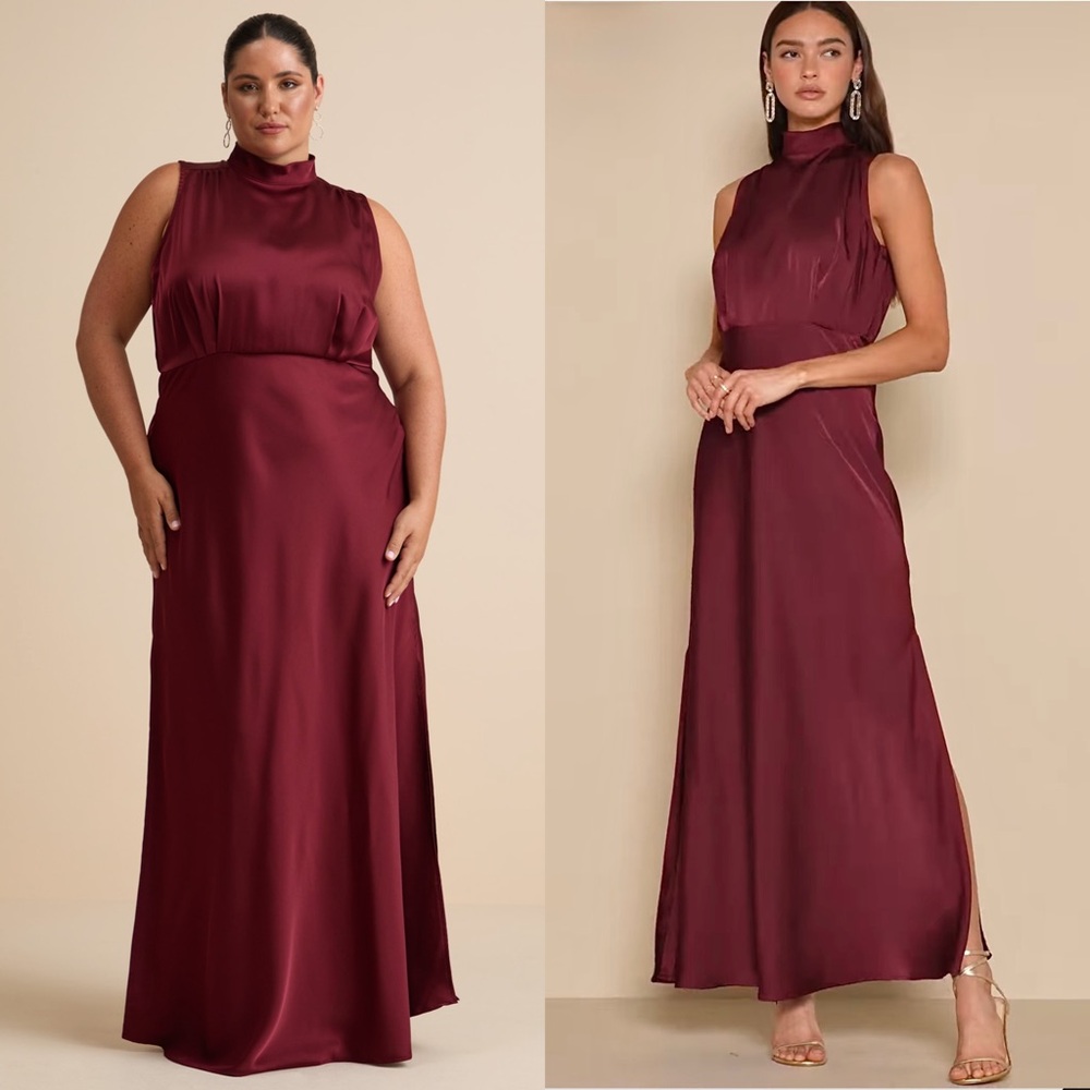 NWT LULUS Burgundy Satin Mockneck Sleeveless Formal Wedding Guest Maxi Gown XL - Picture 4 of 9